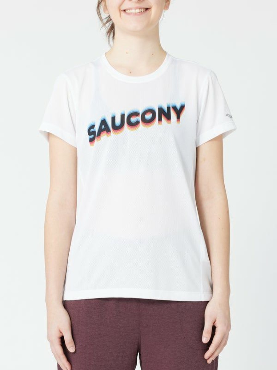 Short Sleeve Shirts * | Saucony Women'S Fall Stopwatch Graphic Short Sleeve Wht Crazy Deals