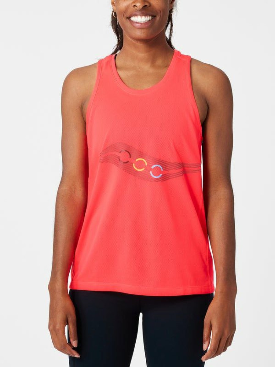 Tanks And Singlets * | Saucony Women'S Fall Stopwatch Singlet Vizi Red Graphic Wholesale